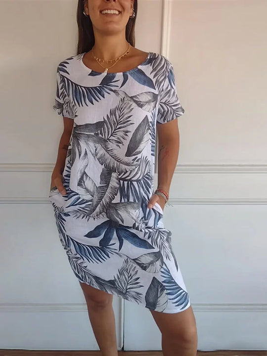 EB | Damen Bedrucktes Baumwoll- und Leinenkleid