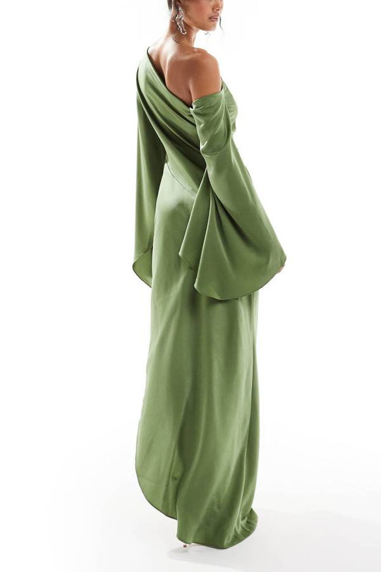 EB | Zayla Satin Asymmetrisches Ein Schulter Glockenärmel Schlitz Maxi Kleid
