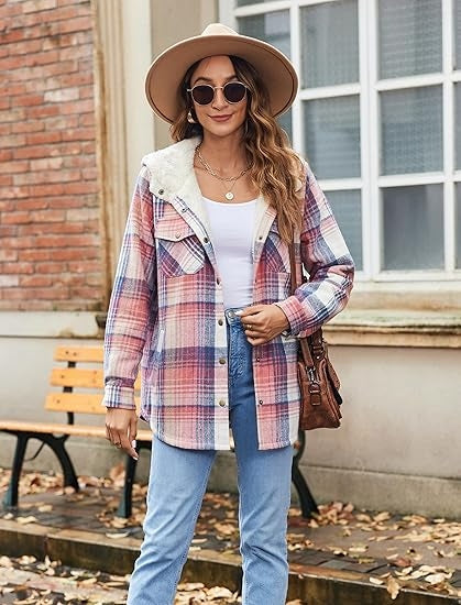 EB | Plaid Jacke Langarm Schnalle Wolle mit Kapuze