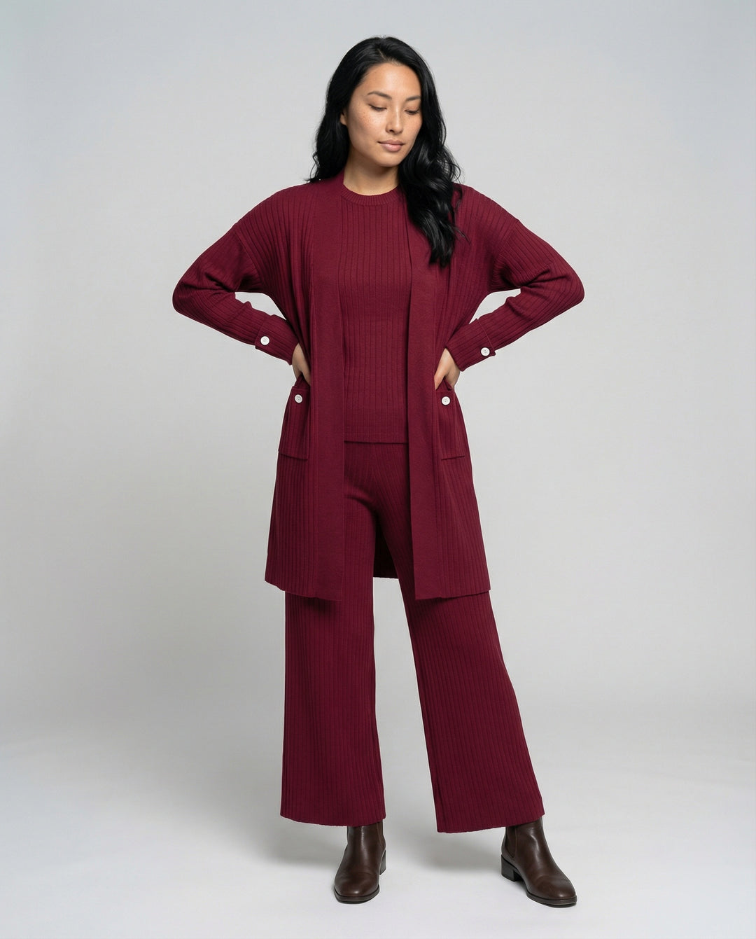 Damen Strick-Loungewear Set mit langen Ärmeln und praktischen Taschen EB