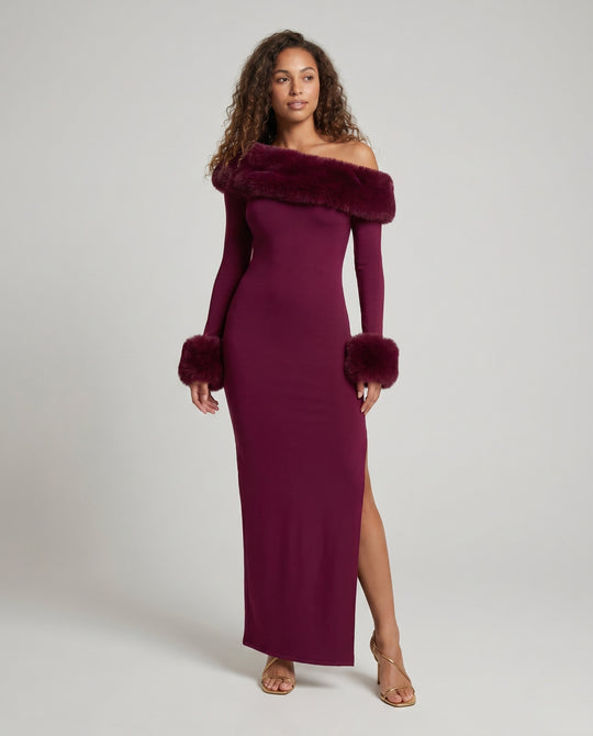 Damen Elegantes Langarm-Maxikleid mit abnehmbarem Pelzbesatz EB