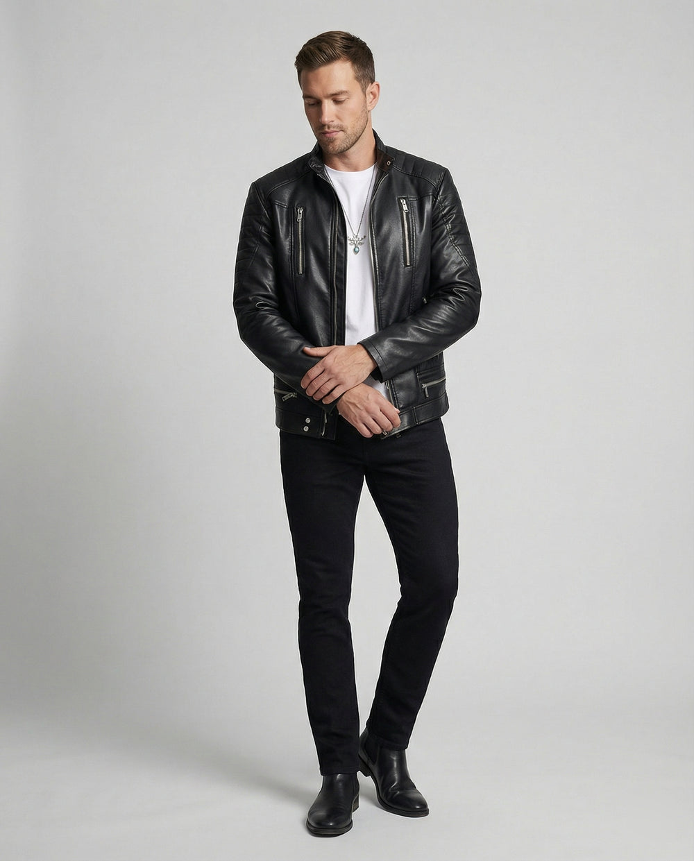 Herren Kunstlederjacke mit asymmetrischem Reißverschluss EB