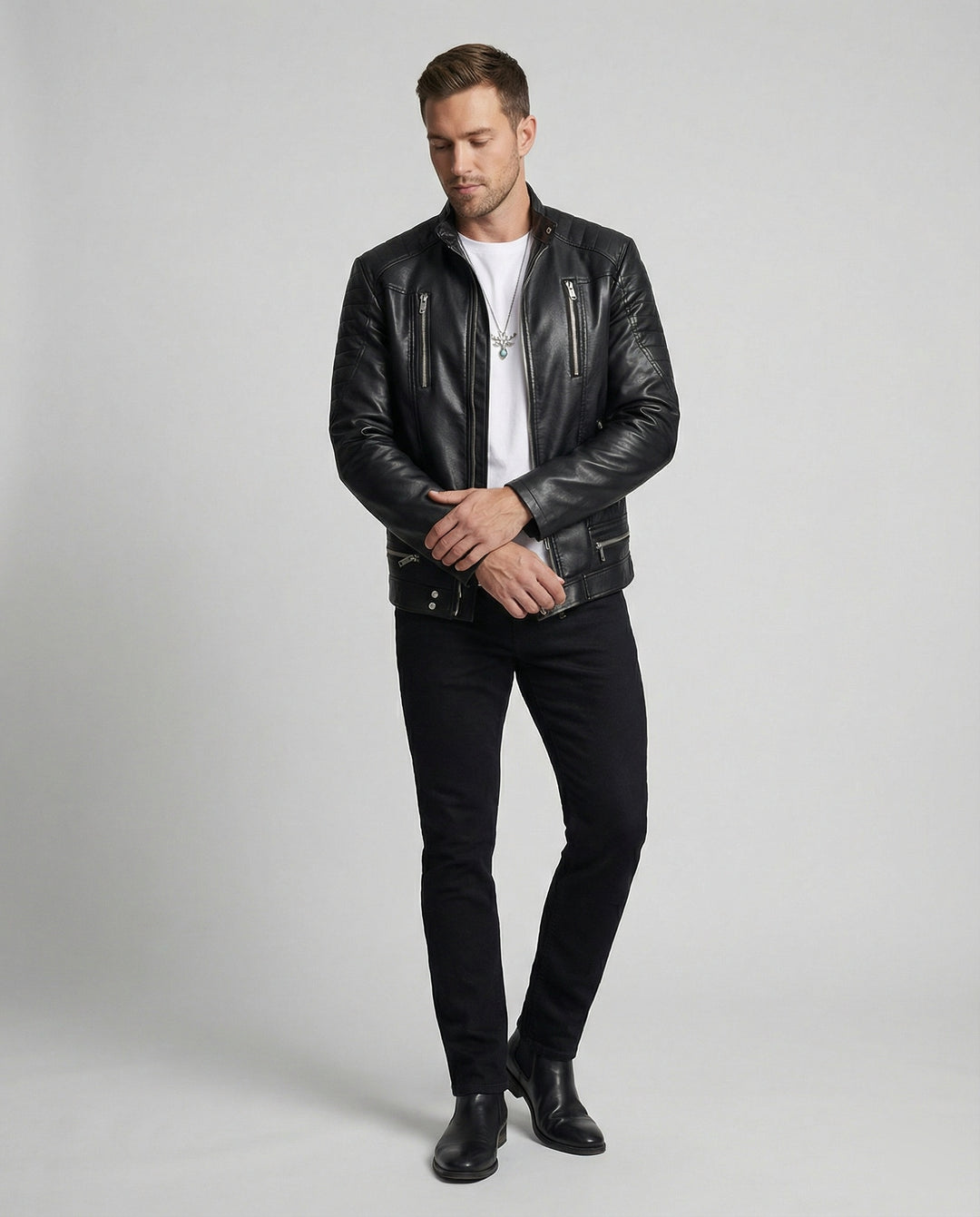 Herren Kunstlederjacke mit asymmetrischem Reißverschluss EB