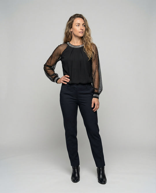 EB Damen Mesh-Bluse mit Strassbesatz und transparenten Ärmeln