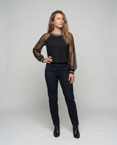 EB Damen Mesh-Bluse mit Strassbesatz und transparenten Ärmeln