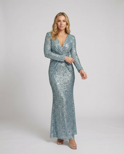 EB | Give Em' Glam Paillettenkleid mit Langen Ärmeln und Gekreuztem Taillendetail Abend-Maxikleid