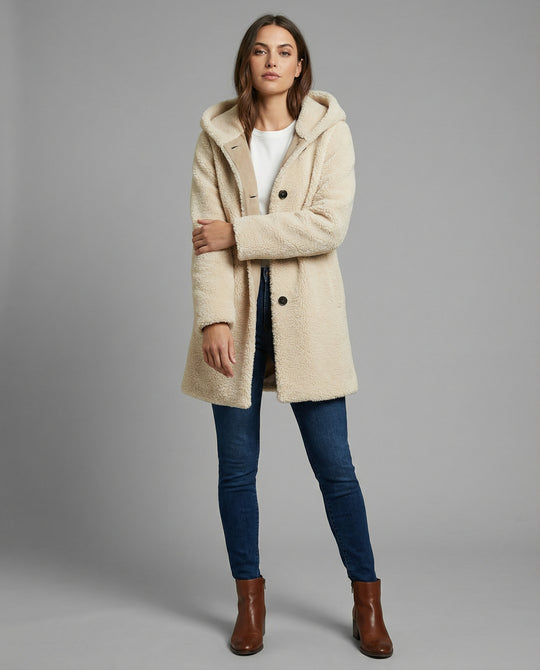 EB | Teddy Mantel - Oversized Fit - Mit Kapuze - Knopfverschluss - Mittellang