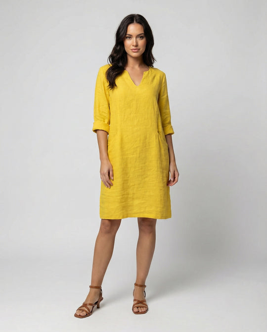 Damen Leinenkleid mit lockerer Passform und elegantem V-Ausschnitt EB