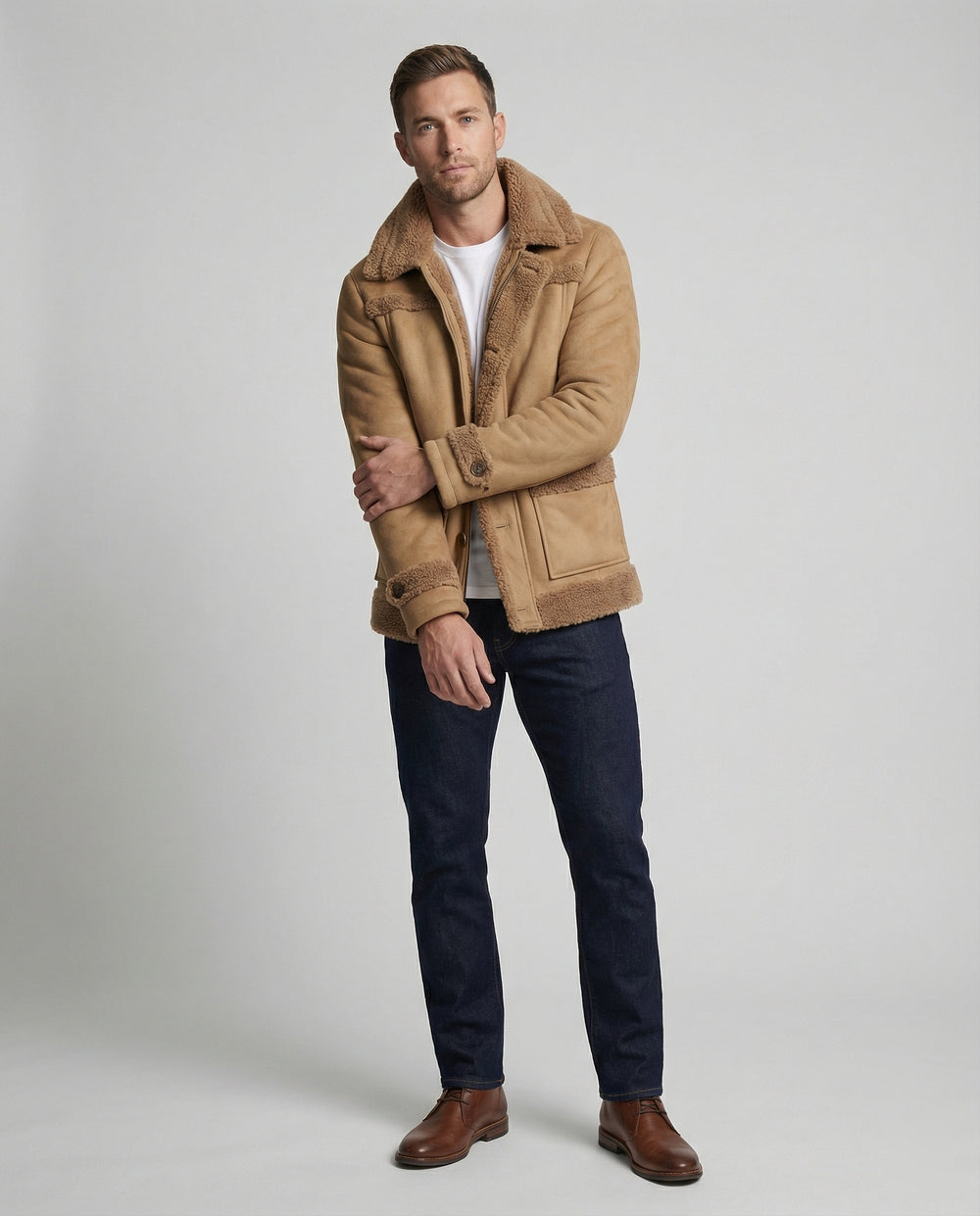 Herren warme Lammfelljacke mit Knopfkragen EB