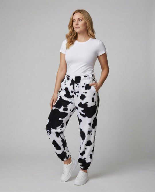 Damen Freizeithose im lässigen Cow-Print-Design mit elastischem Bund und Bündchen EB