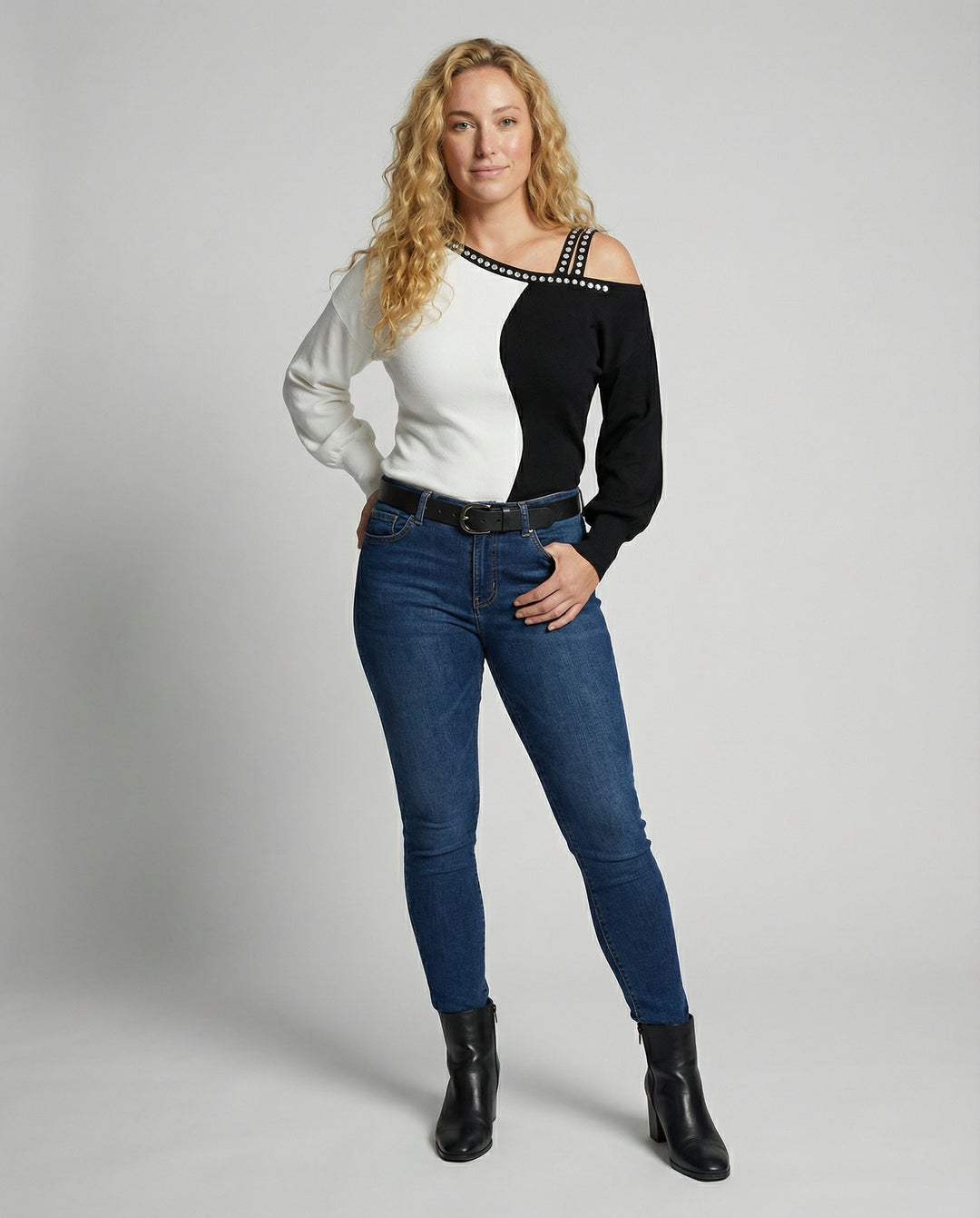 Damen Trendy Asymmetrisches Oberteil mit Strassbesatz EB