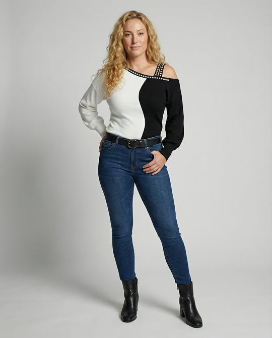 Damen Trendy Asymmetrisches Oberteil mit Strassbesatz EB