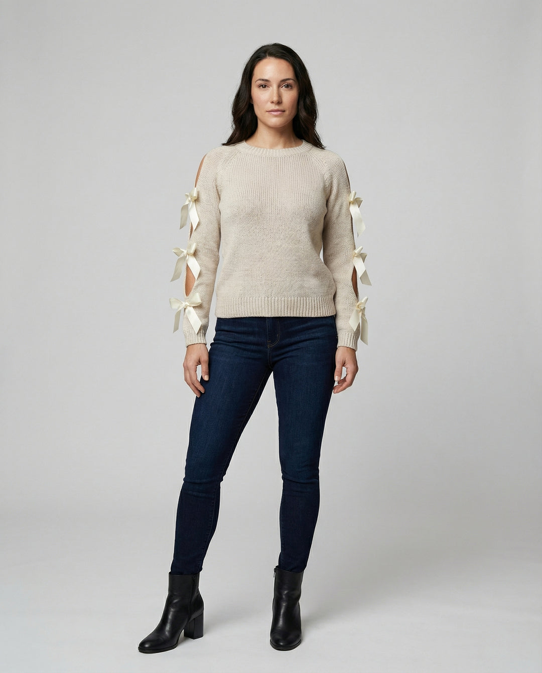 Damen Strickpullover mit offener Schulter und raffinierten Schleifendetails EB