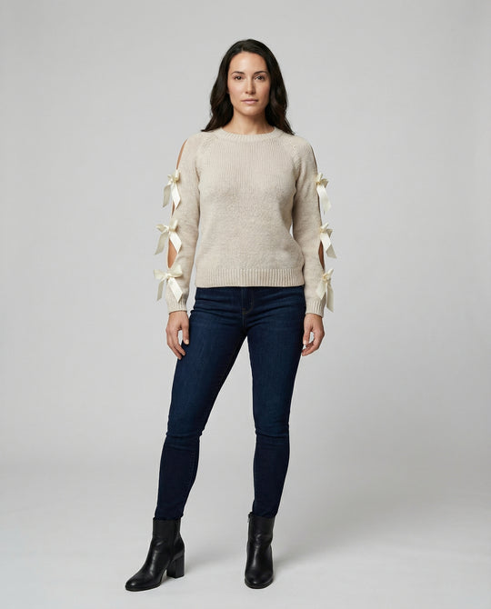 Damen Strickpullover mit offener Schulter und raffinierten Schleifendetails EB