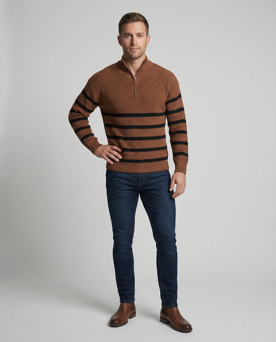 Herren Strickpullover mit modernem Halbreißverschluss und gestreiftem Design EB