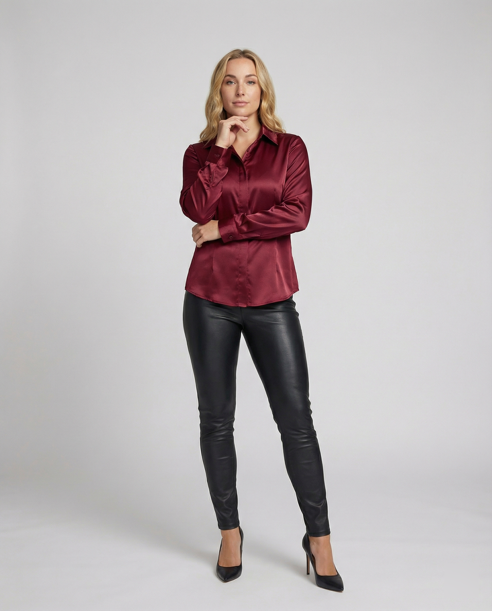 Damen Satin-Bluse mit klassischem Kragen EB