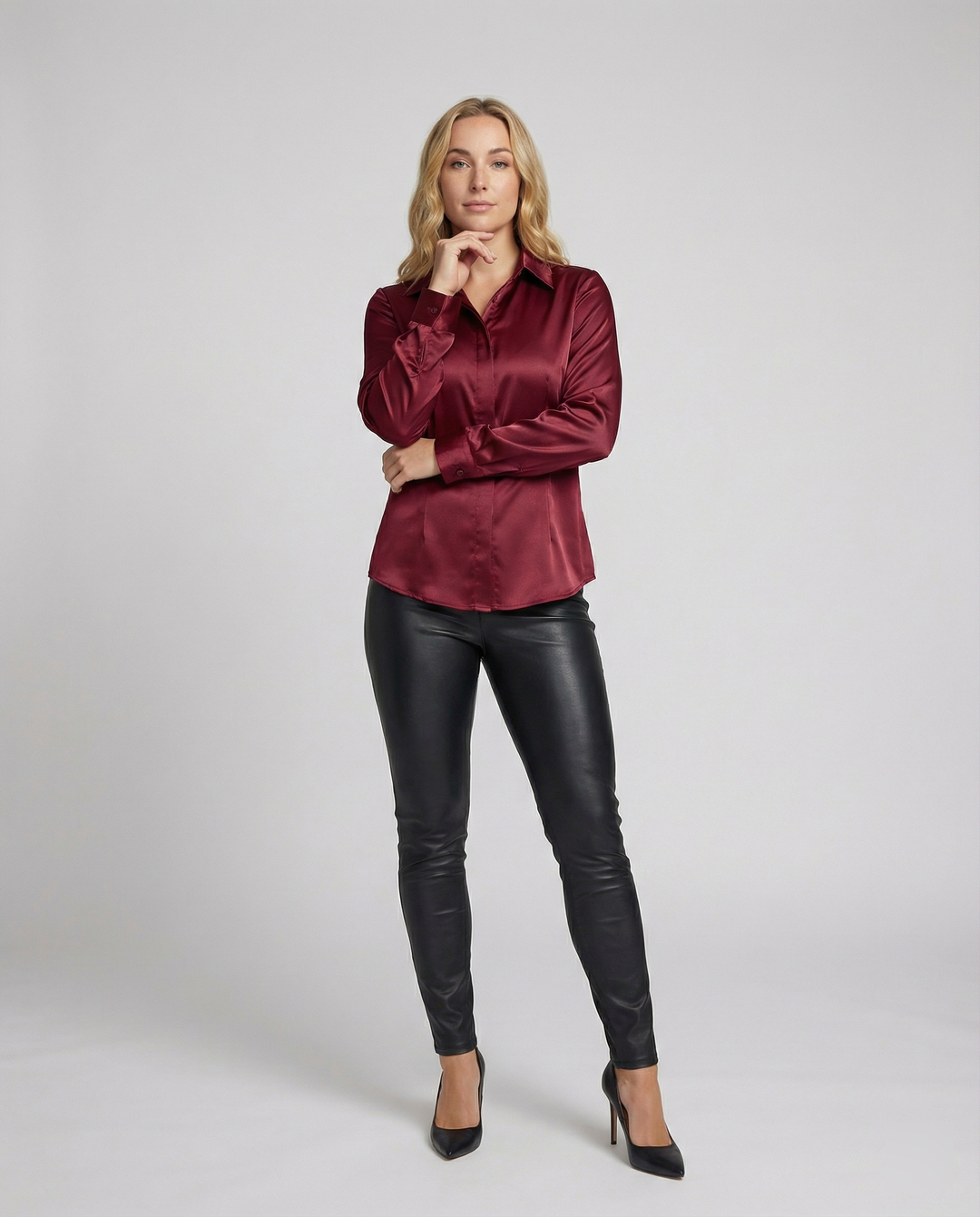 Damen Satin-Bluse mit klassischem Kragen EB