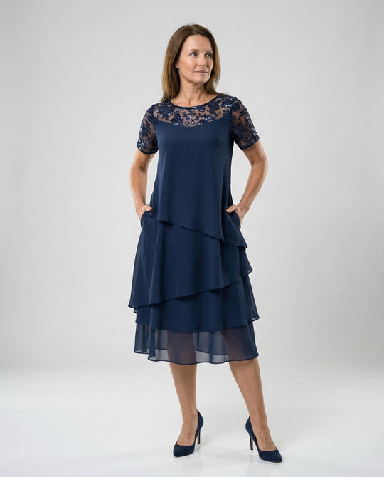 Damen Elegantes Schichtkleid mit Spitzenärmel und asymmetrischem Saum EB