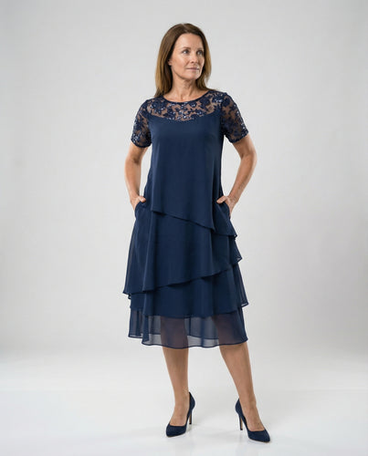 Damen Elegantes Schichtkleid mit Spitzenärmel und asymmetrischem Saum EB