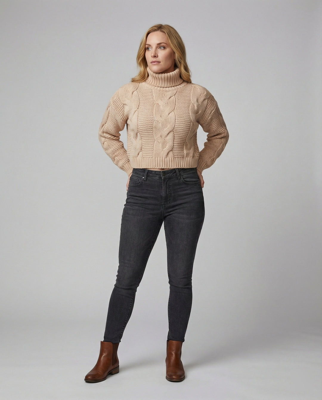 Damen oversized Strickpullover mit hohem Kragen und modischem Zopfmuster EB