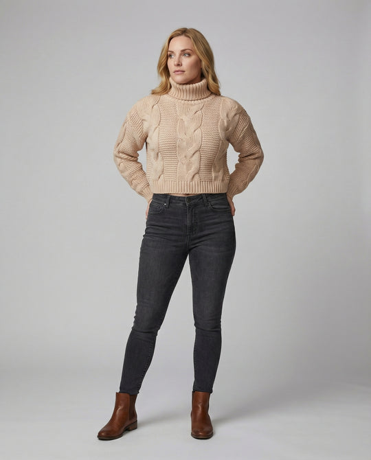 Damen oversized Strickpullover mit hohem Kragen und modischem Zopfmuster EB