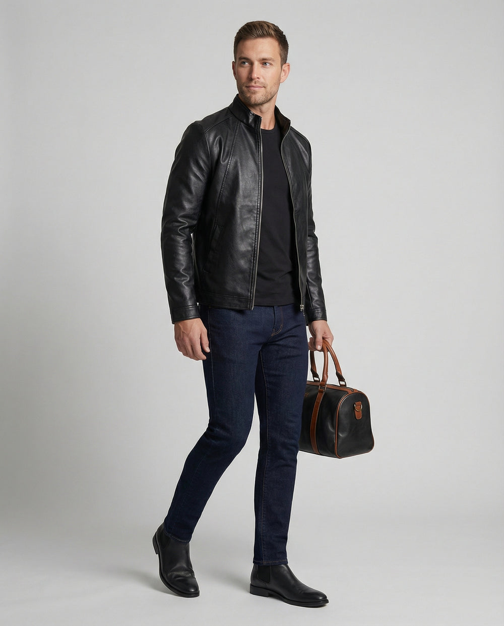 Herren elegante Kunstlederjacke mit Stehkragen EB