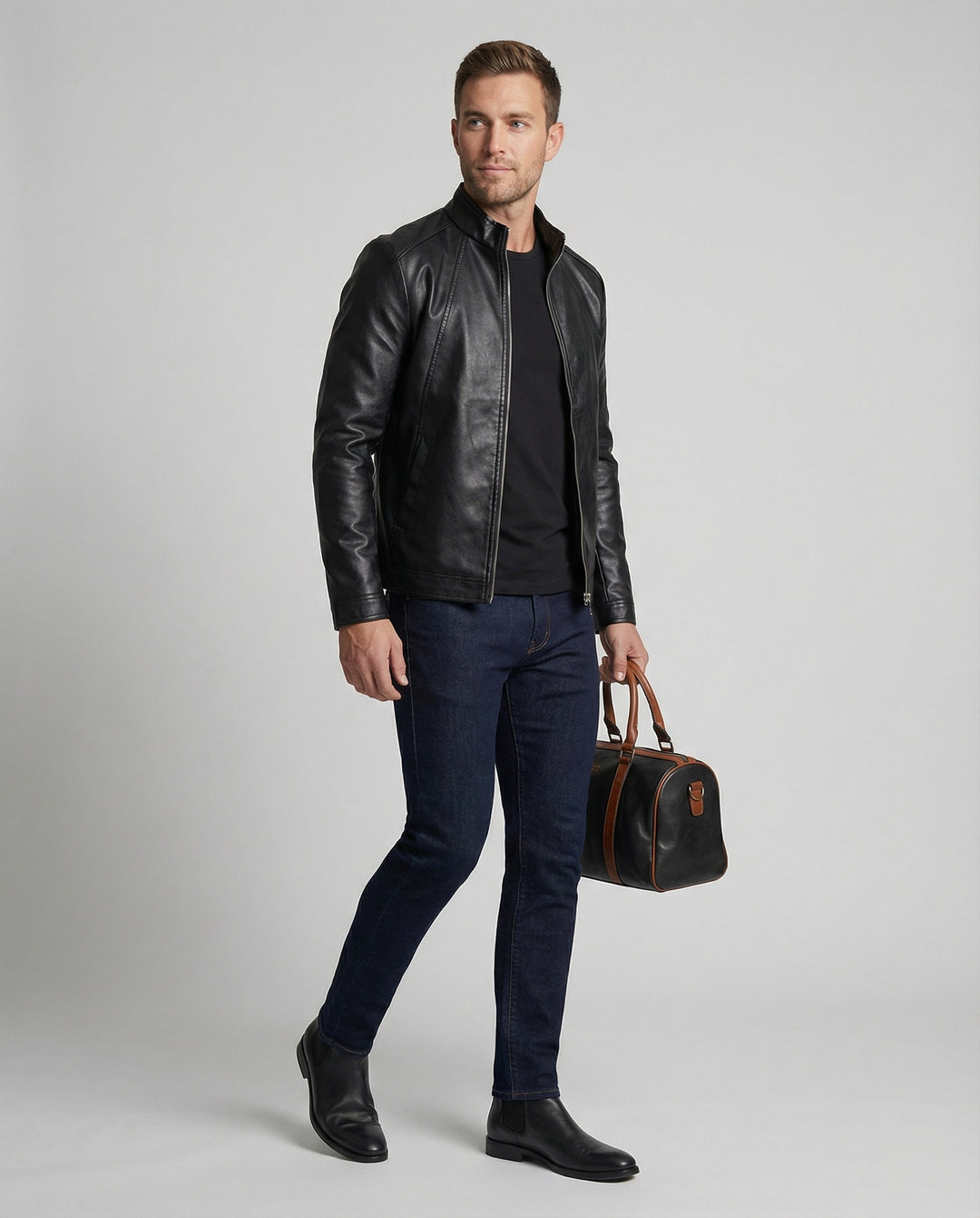 Herren elegante Kunstlederjacke mit Stehkragen EB
