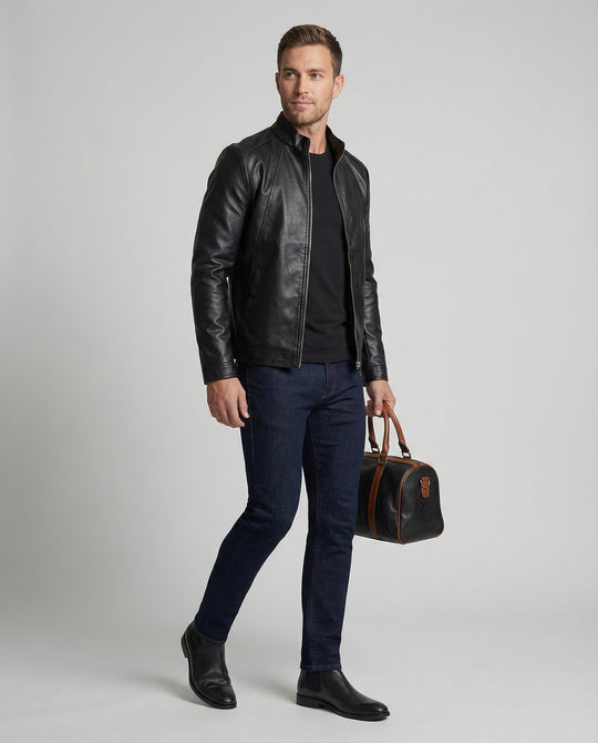 Herren elegante Kunstlederjacke mit Stehkragen EB