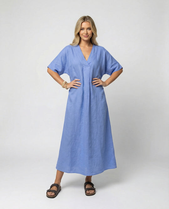 Damen lässiges Leinen-Maxikleid mit V-Ausschnitt und weit geschnittenen Ärmeln EB