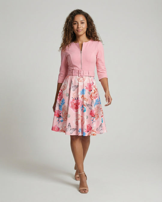 Damen A-Linien Kleid mit tailliertem Gürtel und floralem Muster EB