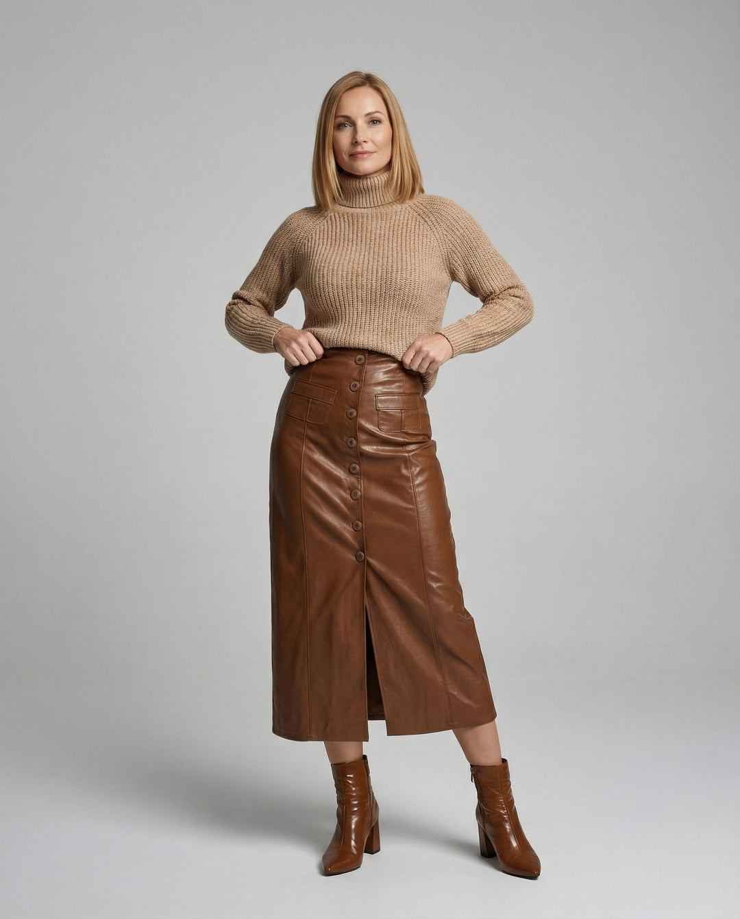 Damen langer Lederrock mit Knopfleiste