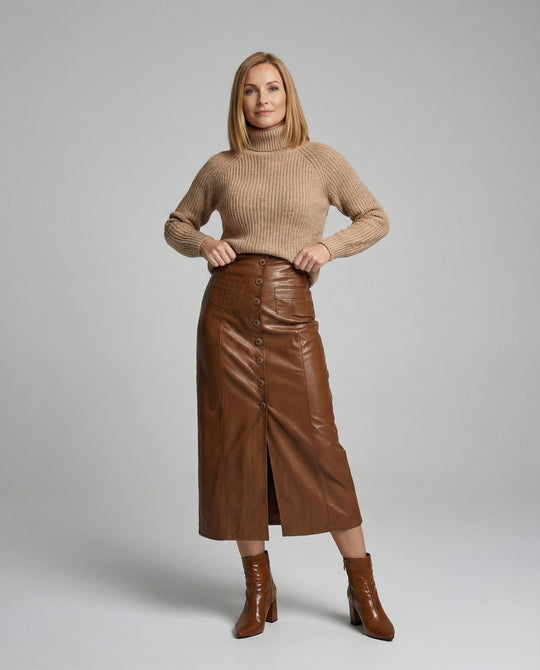 Damen langer Lederrock mit Knopfleiste