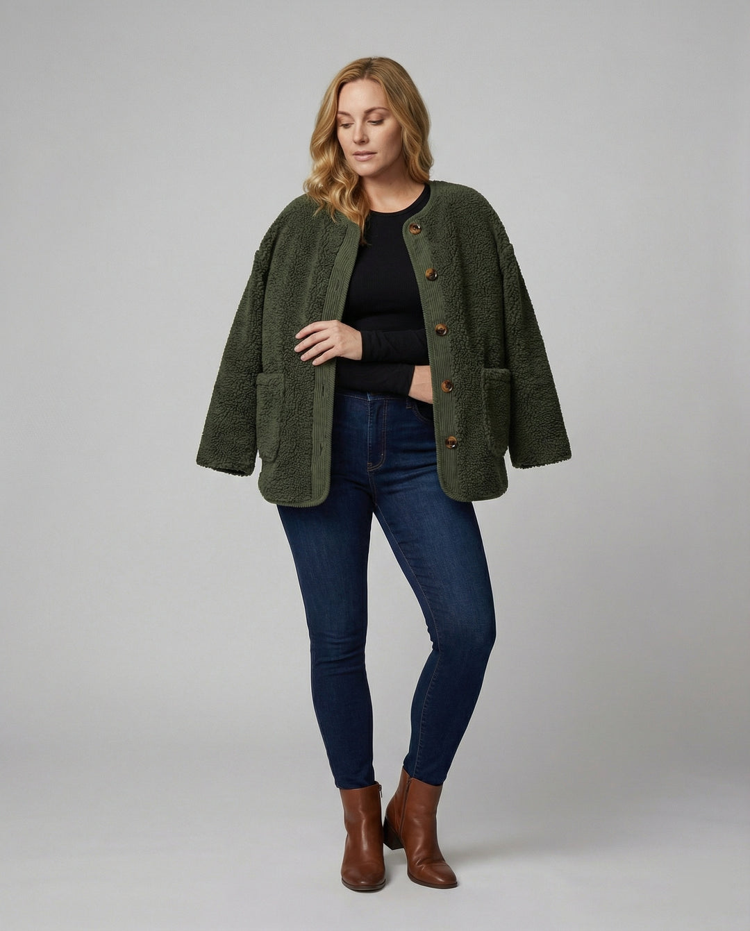 EB | Damen Warme Winterjacken - Lässige Langarm Button-up Fleecejacke aus Sherpa