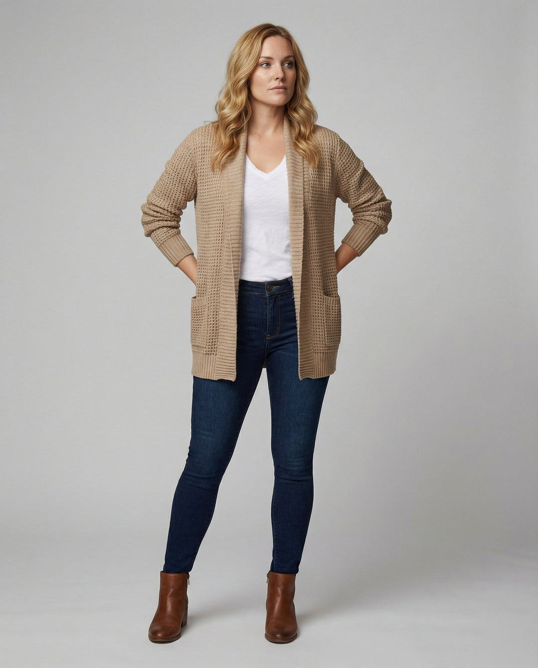 EB | Strickjacke Weiches Strickmaterial Lockere Passform Offene Vorderseite Taschen Lange Ärmel
