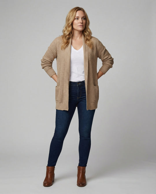 EB | Strickjacke Weiches Strickmaterial Lockere Passform Offene Vorderseite Taschen Lange Ärmel