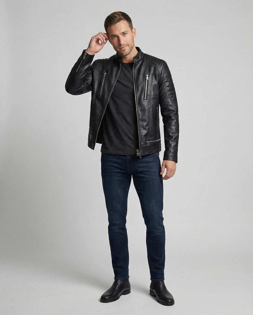 Herren Kunstleder Bikerjacke mit gesteppter Schulter EB