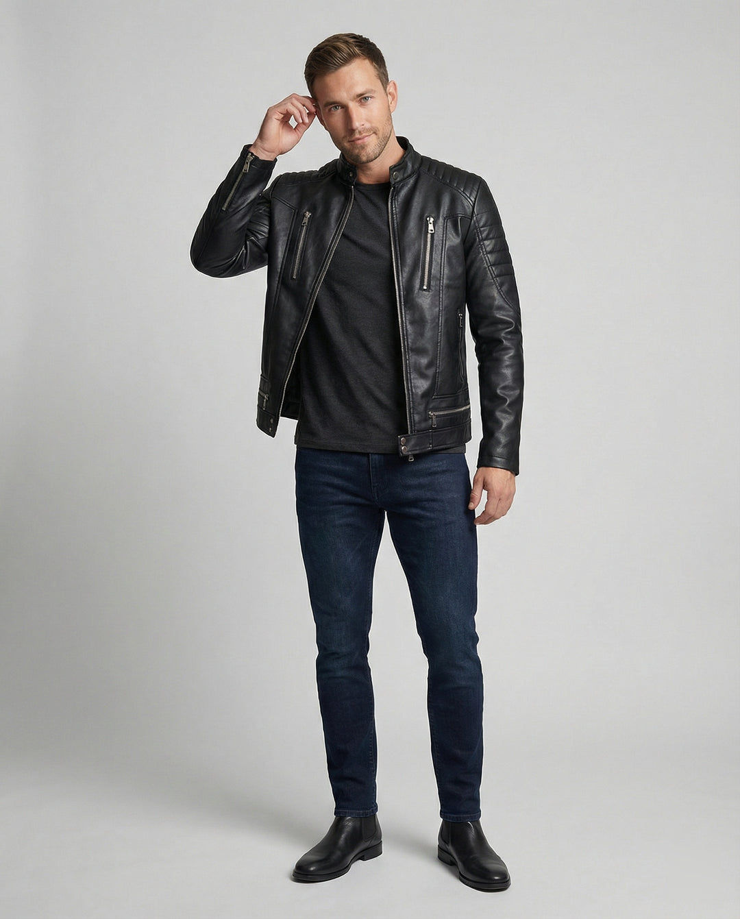Herren Kunstleder Bikerjacke mit gesteppter Schulter EB