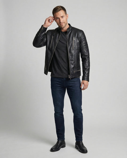 Herren Kunstleder Bikerjacke mit gesteppter Schulter EB