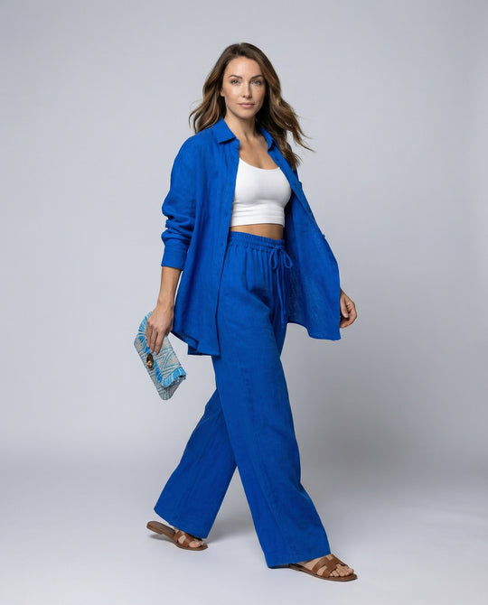 Damen Lässiges Leinen-Outfit mit weit geschnittenem Hemd und lockeren Hosen EB