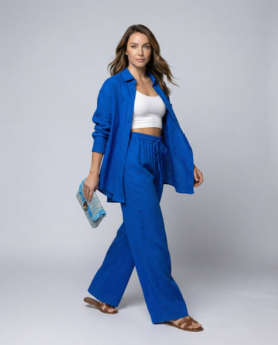 Damen Lässiges Leinen-Outfit mit weit geschnittenem Hemd und lockeren Hosen EB
