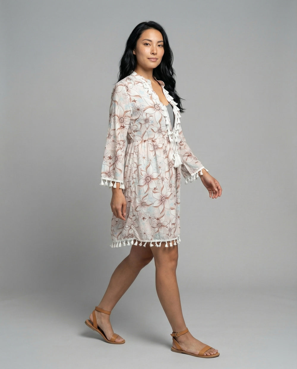 Damen Strandkleid mit hohem Kragen und romantischem Blumenmuster EB