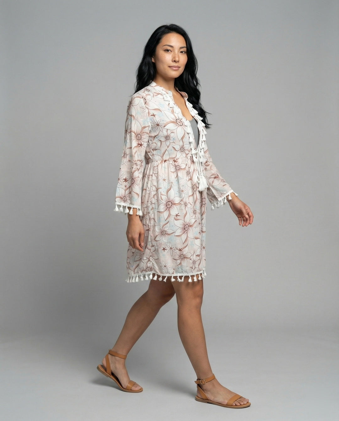 Damen Strandkleid mit hohem Kragen und romantischem Blumenmuster EB