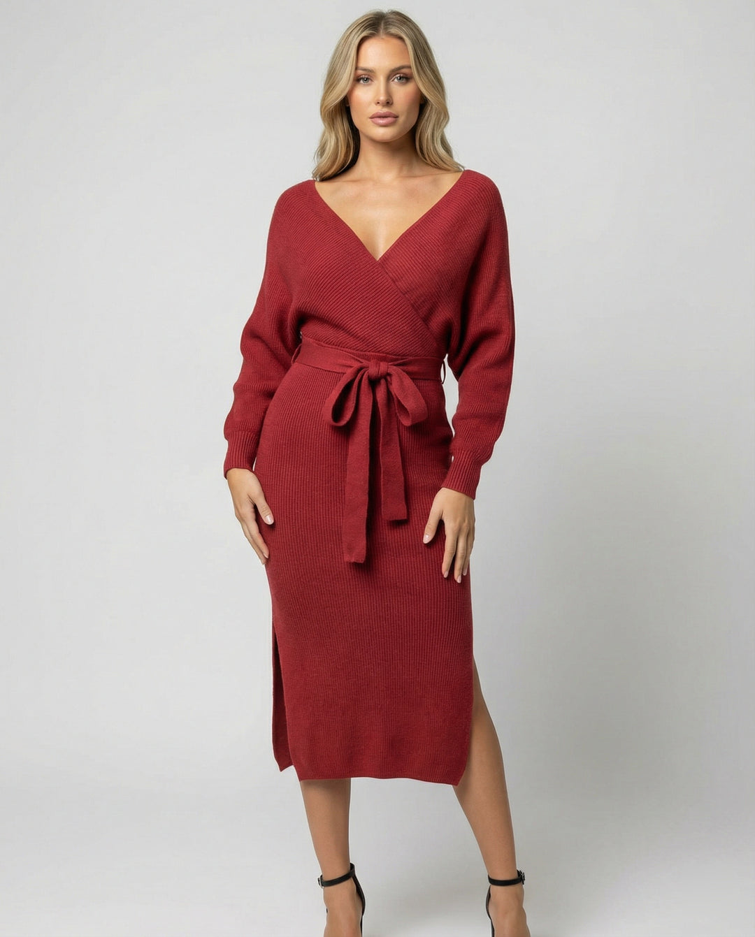 Damen Strickkleid mit elegantem Wickeldesign und dekorativem Gürtel EB