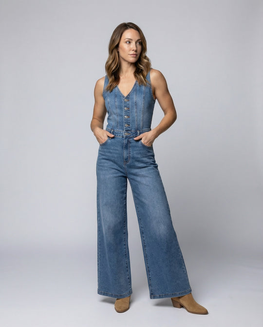 Damen Jumpsuit mit weit geschnittenen Beinen und eleganter Knopfleiste EB