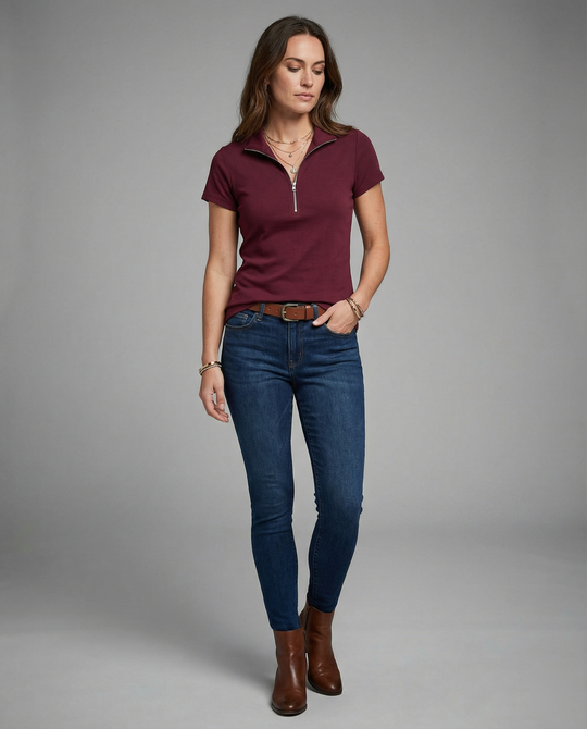 Damen Poloshirt mit kurzem Reißverschluss und figurbetontem Schnitt EB