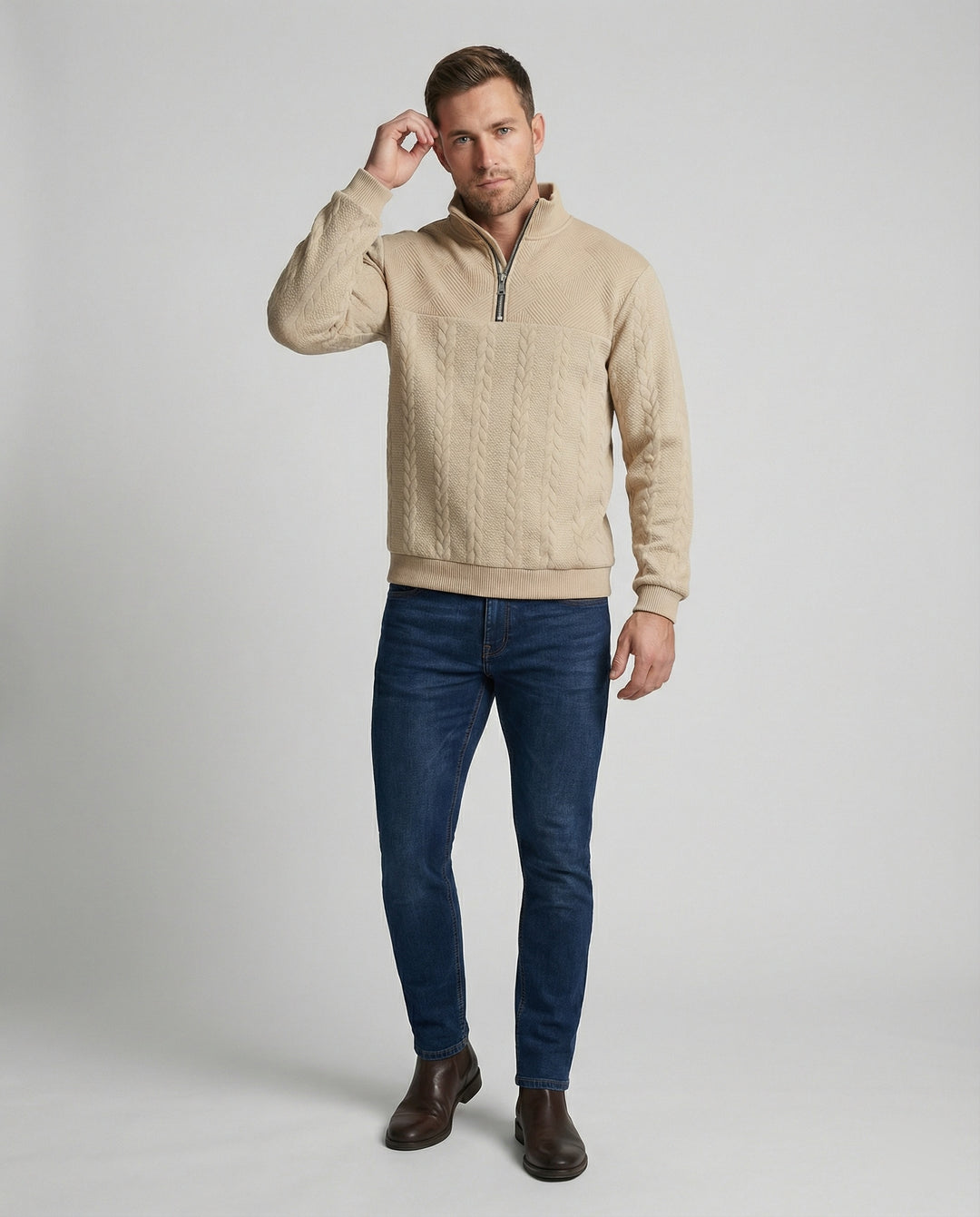 Herren Strickpullover mit hohem Kragen und modernem Reißverschluss EB
