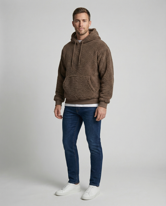 Herren Kuscheliger Teddy-Pullover mit Kapuze und elastischem Bund EB
