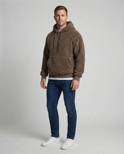 Herren Kuscheliger Teddy-Pullover mit Kapuze und elastischem Bund EB