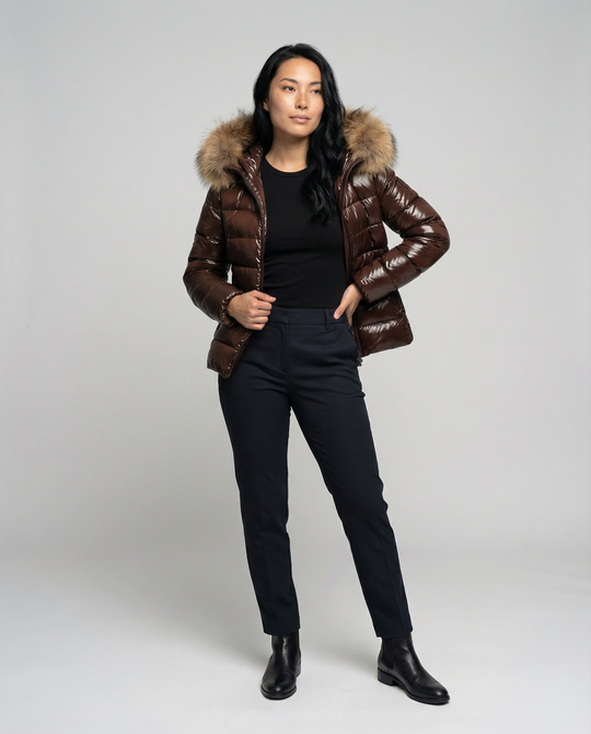 Damen Winterdaunenjacke mit abnehmbarer Kapuze und luxuriösem Fellkragen EB