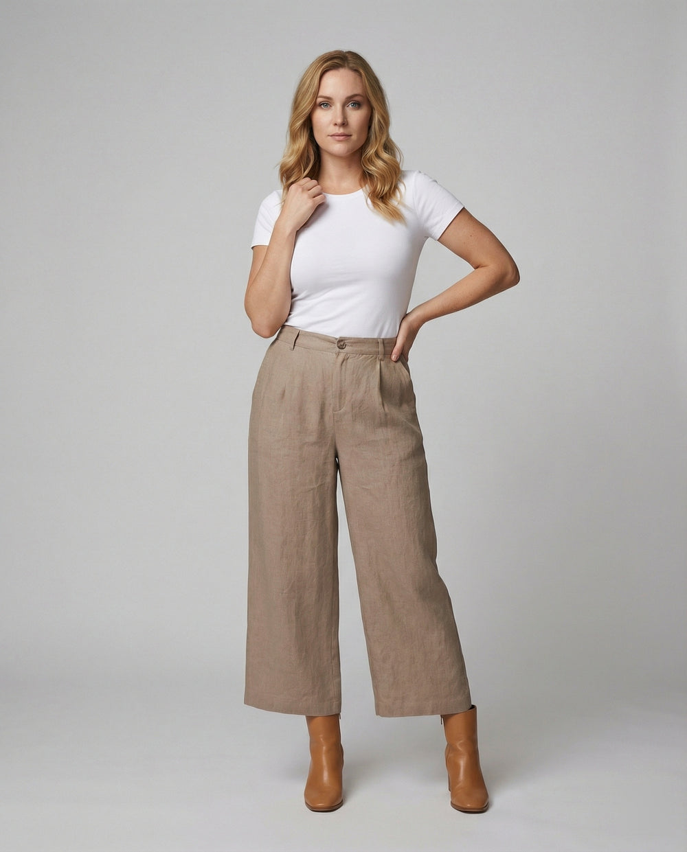 Damen Weite Leinen Stoffhose mit Gummibund und Taschen